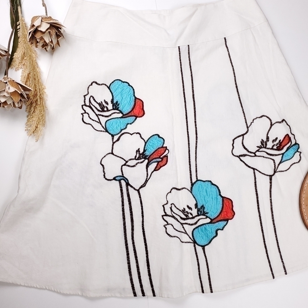 Lilly Stanhope White Floral Embroidered Linen Blend Skirt Sz 10 - Picture 10 of 11